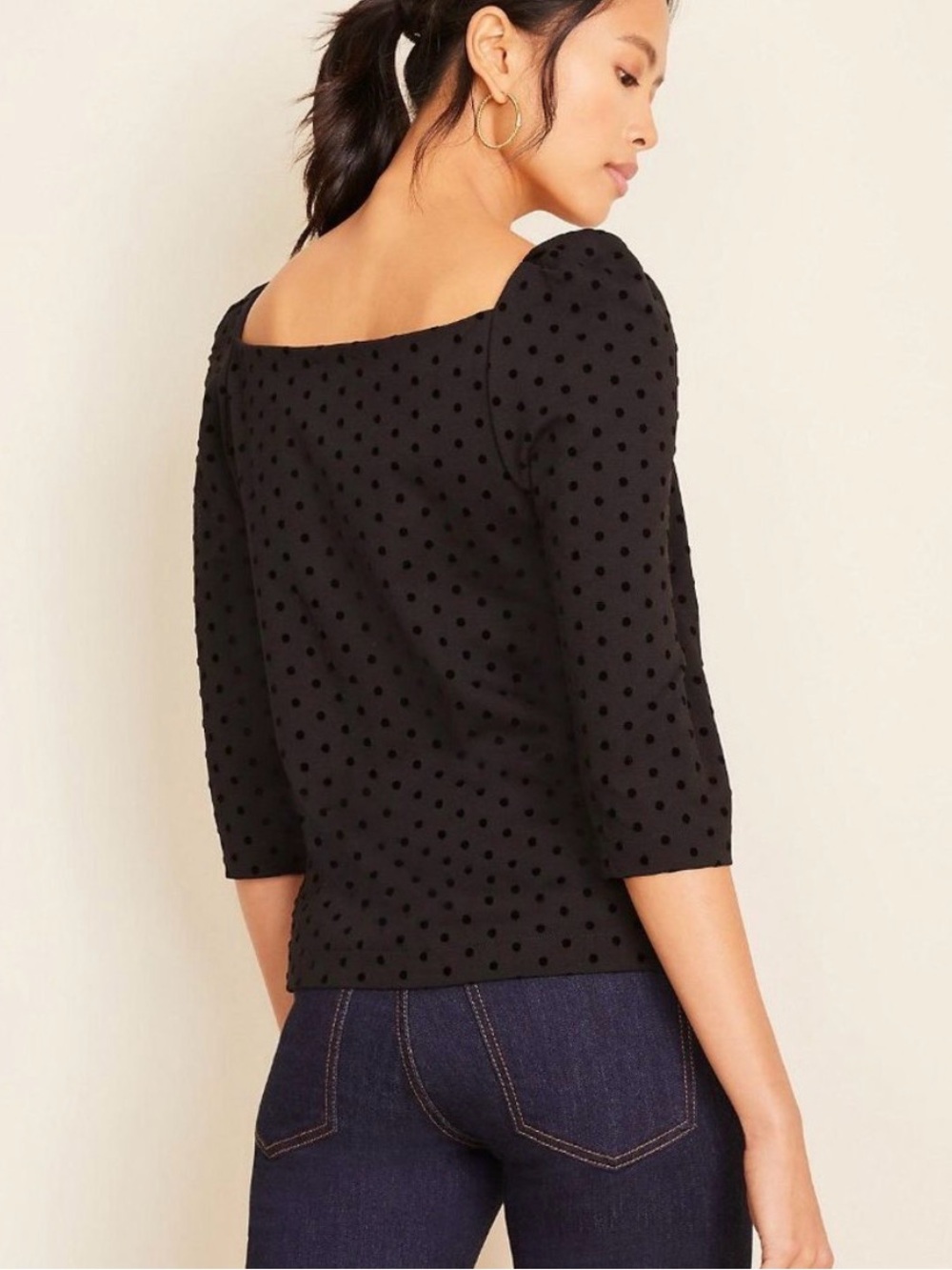 Ann Taylor Black Dotted Polka Dot Puff 3/4 Sleeve Blouse Business Casual Sz L